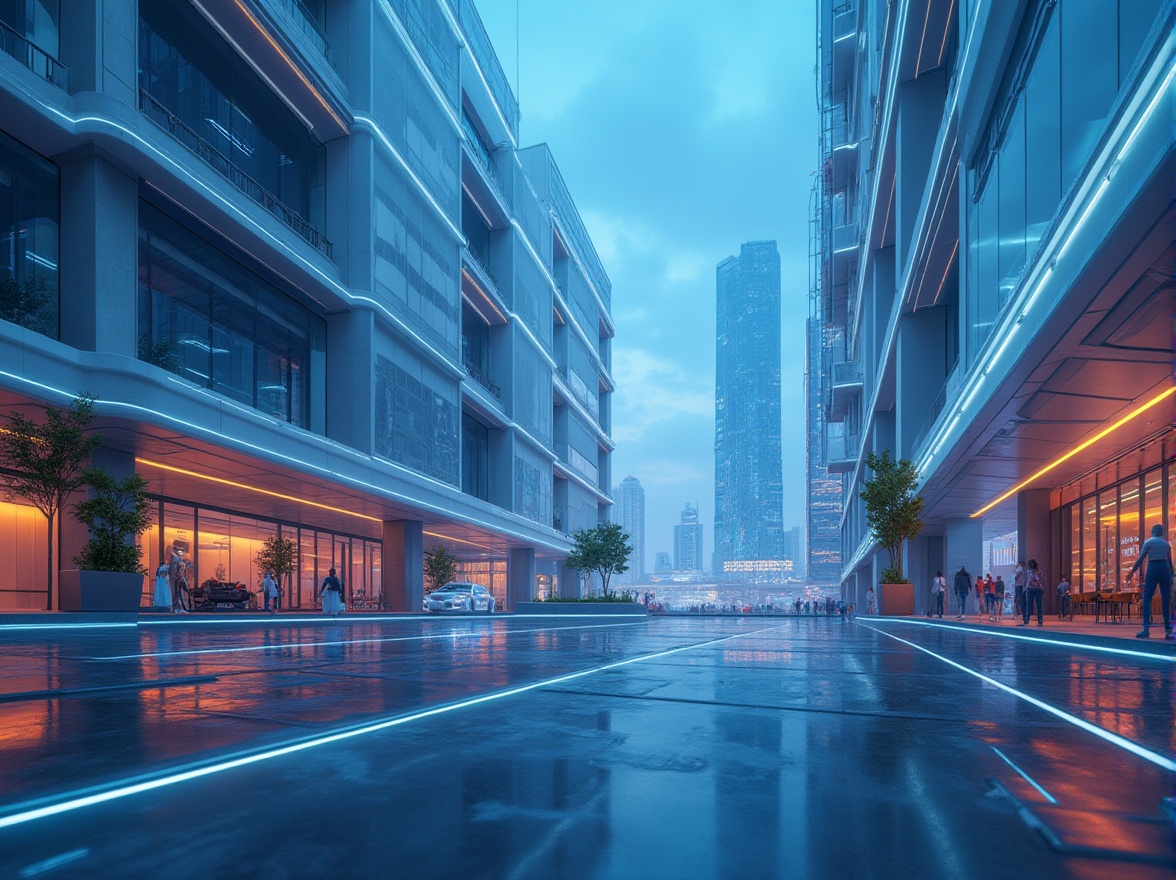 Prompt: Azure inspired color palette, futuristic design, sleek lines, metallic accents, neon lights, cityscape at dusk, skyscraper, glass and steel structure, reflective surfaces, vibrant blue hues, calming white tones, rich gray shades, bold orange highlights, gradient effects, 3D visual composition, atmospheric perspective, cinematic mood lighting, high-tech atmosphere.