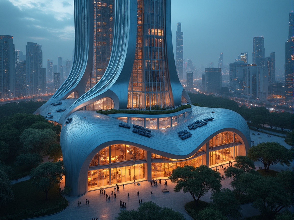 Prompt: Futuristic architecture, sustainable materials, eco-friendly building, curved lines, sleek design, metallic surfaces, neon lights, glowing accents, glass facade, solar panels, green roofs, vertical gardens, urban skyscraper, cityscape, night view, soft focus, ambient Occlusion, cinematic composition, 3/4 view, low-angle shot.