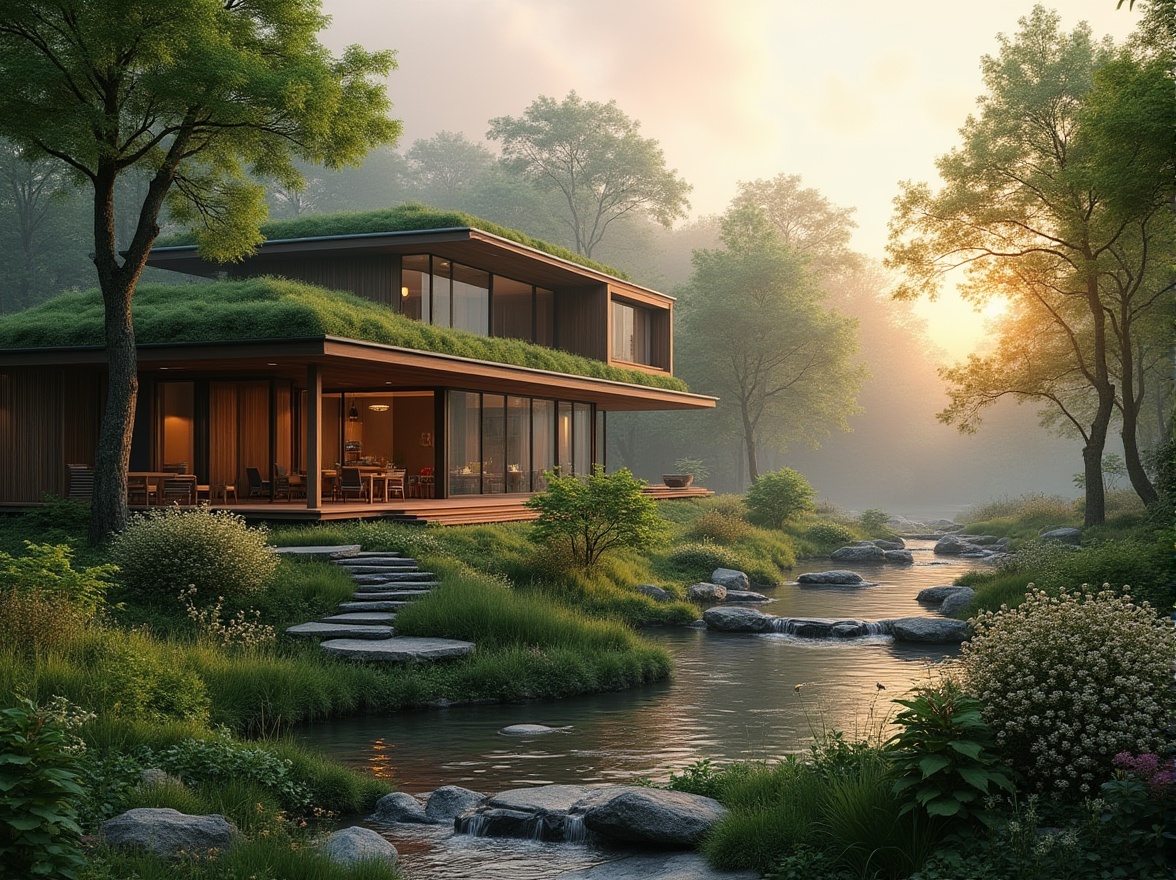 Prompt: Landscape integration, blending architecture with nature, modern villa, large windows, green roof, lush trees, wildflowers, meandering stone path, natural pond, waterfall, wooden deck, outdoor seating area, warm lighting, sunset, misty atmosphere, depth of field, cinematic composition, ambient light, realistic, peaceful ambiance.