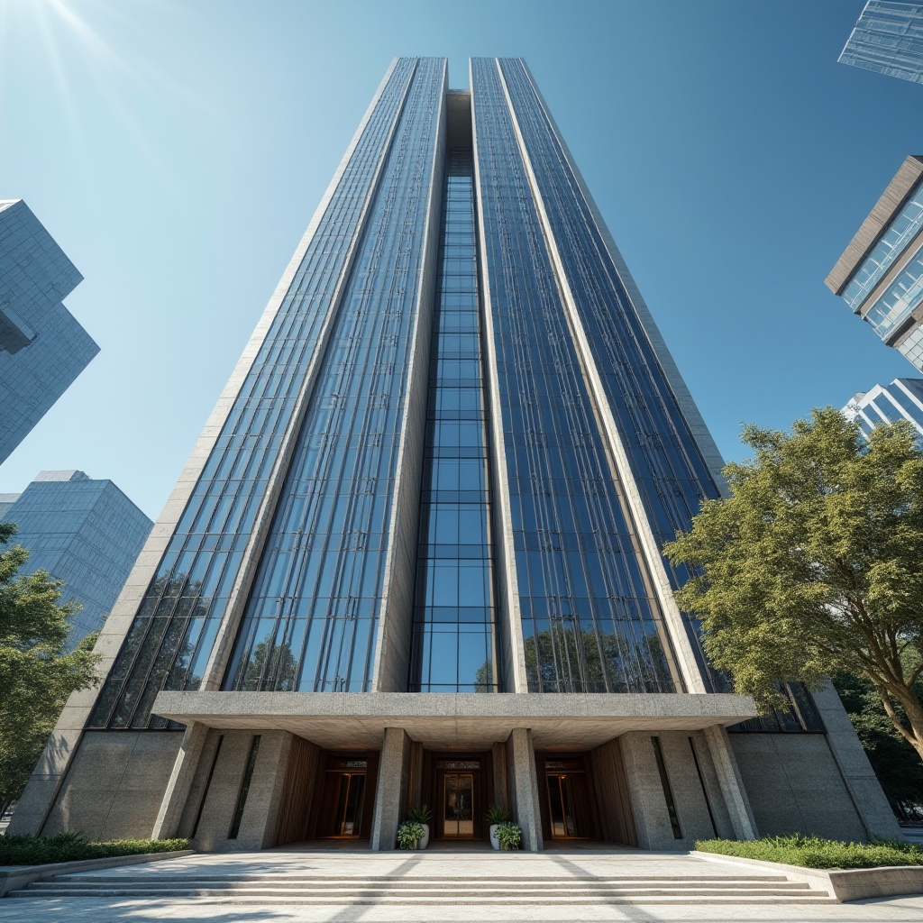 Prompt: Modern, sleek skyscraper, reflective glass facade, metallic pillars, rough concrete walls, wooden accents, intricate stonework, grand entrance, revolving doors, marble floors, minimalist decor, urban jungle, cityscape, sunny day, clear blue sky, low-angle shot, dramatic shadows, high-contrast lighting.