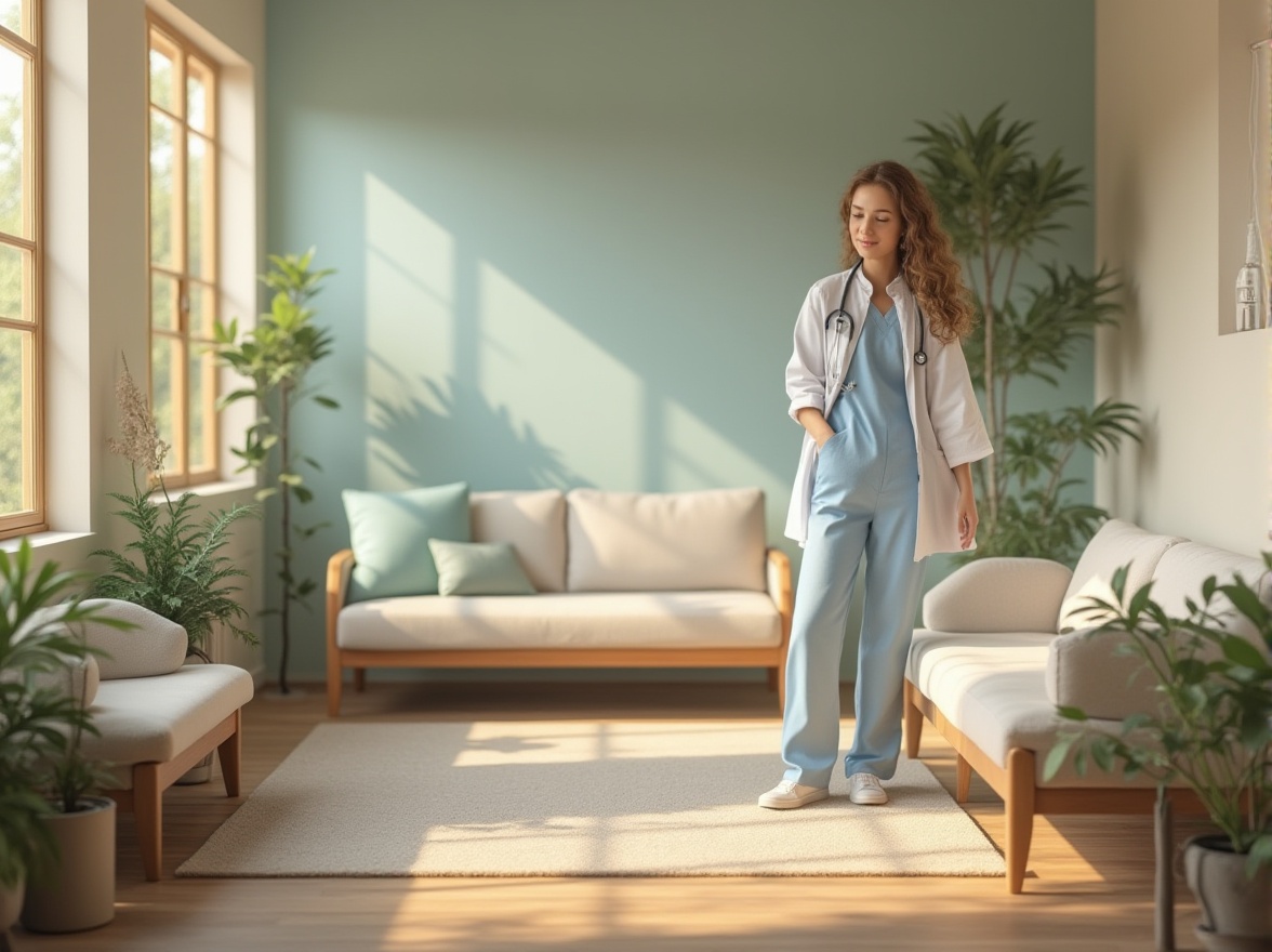 Prompt: Calming healthcare space, harmonious color palette, gentle nurse, stethoscope, white coat, blue scrubs, soft lighting, natural materials, wooden furniture, comfortable couches, green plants, water feature, peaceful atmosphere, warm beige walls, soothing light blue accents, earthy brown floors, calming music, subtle texture, minimal decor, serene ambiance, morning sunlight, gentle shadows.