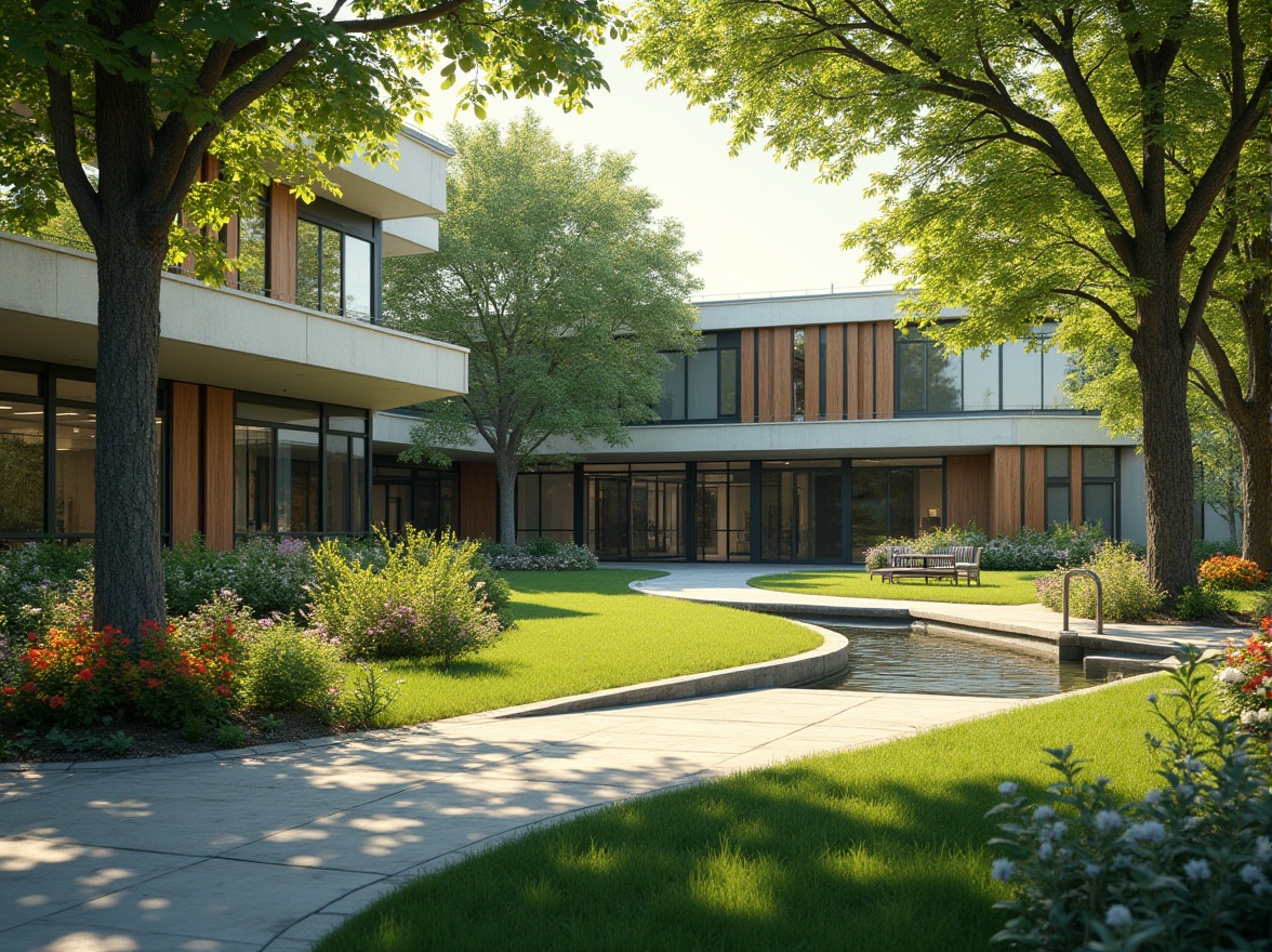 Prompt: Suburban clinic, modern architecture, greenery surroundings, lush lawn, vibrant flower beds, tall trees providing shade, curved walkway leading to entrance, minimalist outdoor furniture, metal benches, small pond with gentle water flow, natural stone pavement, rustic wooden accents, warm afternoon sunlight, soft shadows, 3/4 composition, shallow depth of field.