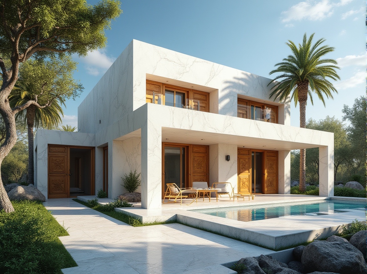 Prompt: Modern, luxurious villa, exterior, daytime, sunny, clear blue sky, white marble walls, rough stone foundation, wooden doors with metal handles, large glass windows, smooth concrete floors, intricate bronze details, lush greenery, surrounding trees with rough bark, natural rocks, warm ambient lighting, cinematic composition, 3/4 view, shallow depth of field.