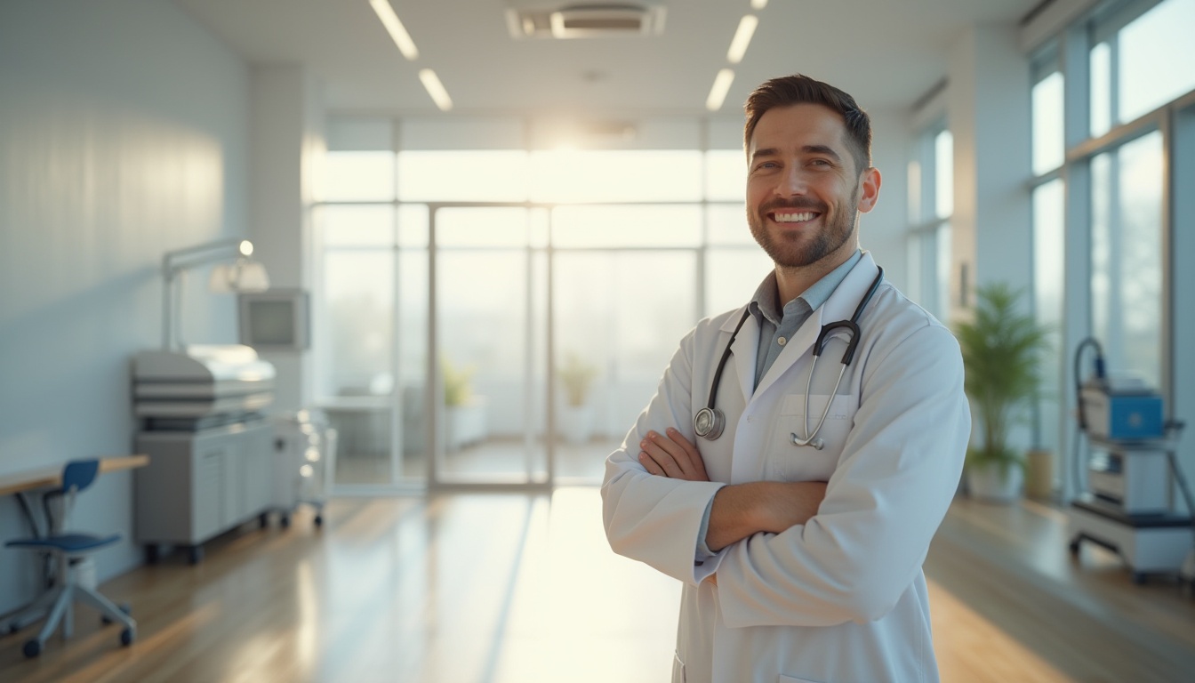 Prompt: Modern clinic interior, abundant natural light, large floor-to-ceiling windows, minimalist decorations, white walls, sleek wooden floors, steel medical equipment, doctor in white coat, stethoscope around neck, gentle smile, soft focus, 3/4 composition, warm ambient lighting, slight shadow on face, subtle texture on wall and floor, realistic reflection on equipment.