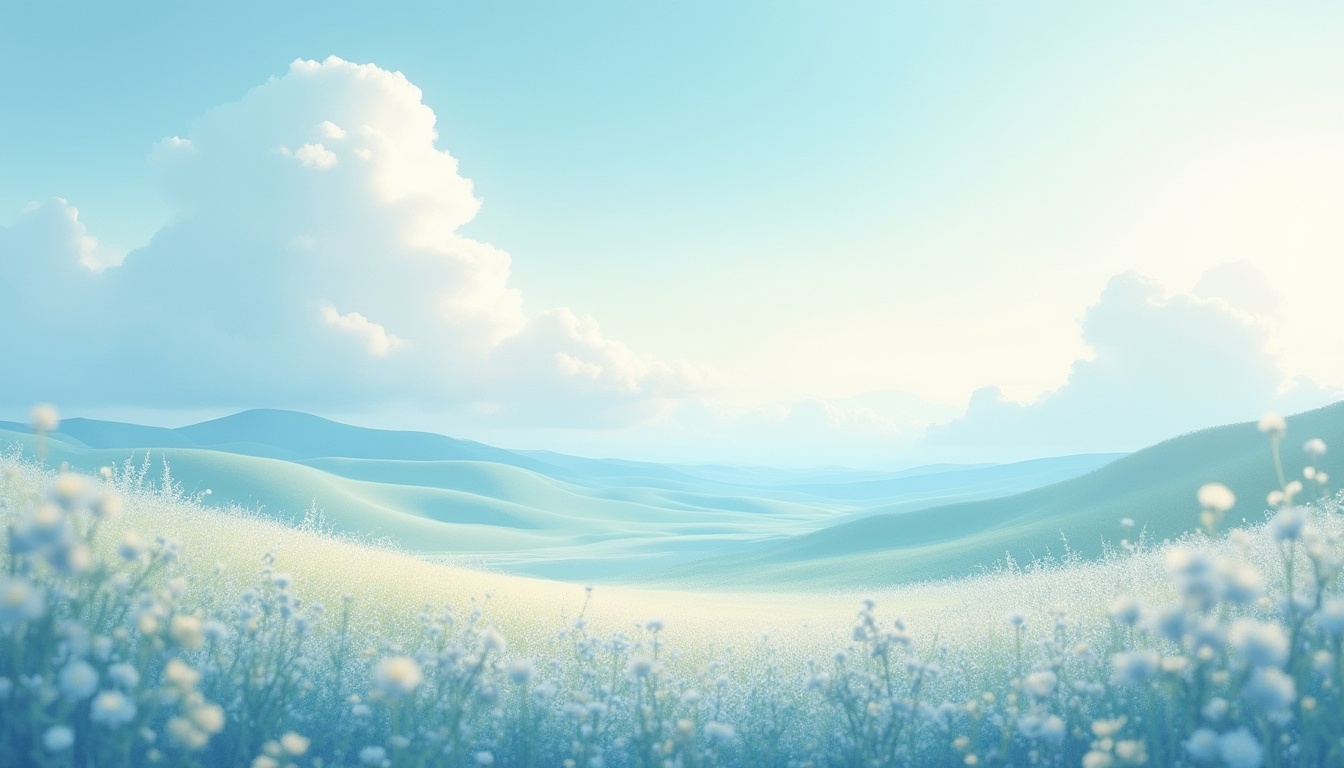 Prompt: Azure-inspired art, calm atmosphere, serene landscape, gentle hills, fluffy white clouds, soft gradient sky, warm sunlight, pastel blue and white color palette, delicate flower fields, subtle texture, watercolor-style brushstrokes, dreamy ambiance, peaceful composition, 3/4 view, low-angle shot, natural lighting, creamy bokeh effect.