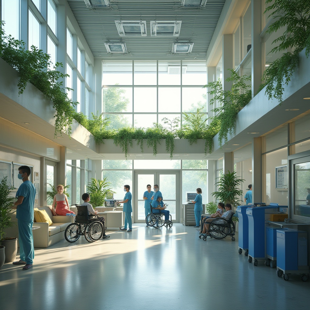 Prompt: Sustainable hospital, modern architecture, large windows, natural light, green roof, solar panels, recycling bins, eco-friendly materials, bamboo flooring, recycled glass walls, steel frames, minimal waste, energy-efficient equipment, medical staff in blue scrubs, patients in wheelchairs, calm atmosphere, soft lighting, 3/4 composition, gentle color palette.