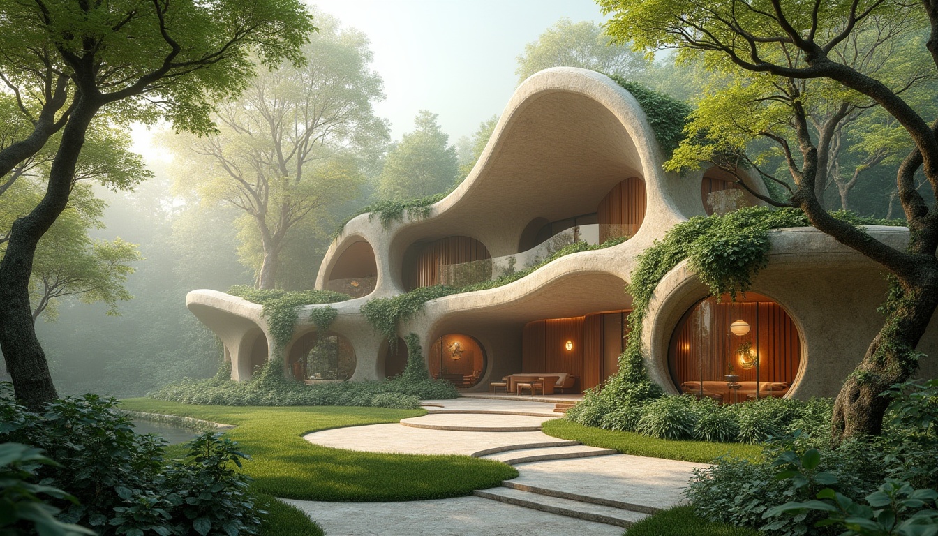 Prompt: Organic building, natural forms, futuristic architecture, curves, irregular shapes, fluid lines, biomimicry, sustainable materials, green roofs, living walls, vines, trees, botanical garden, misty atmosphere, soft sunlight filtering through leaves, warm beige stone, wooden accents, minimalist interior, floor-to-ceiling windows, panoramic view, 3/4 composition, ambient lighting, shallow depth of field.