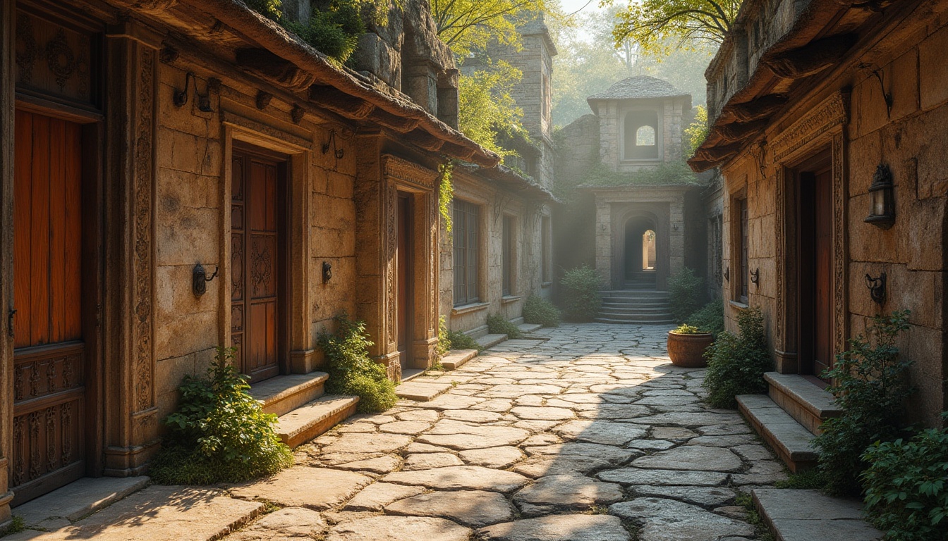 Prompt: Detailed, rustic stone walls, cracked earthy pavement, wooden planks with visible grain, distressed metal gates, weathered bronze statues, moss-covered ancient ruins, intricate carvings on wooden doors, peeling paint on old brick buildings, rough-hewn rocky cliffs, smooth marble floors, reflective glass surfaces, soft focus, warm golden lighting, atmospheric mist, cinematic composition.