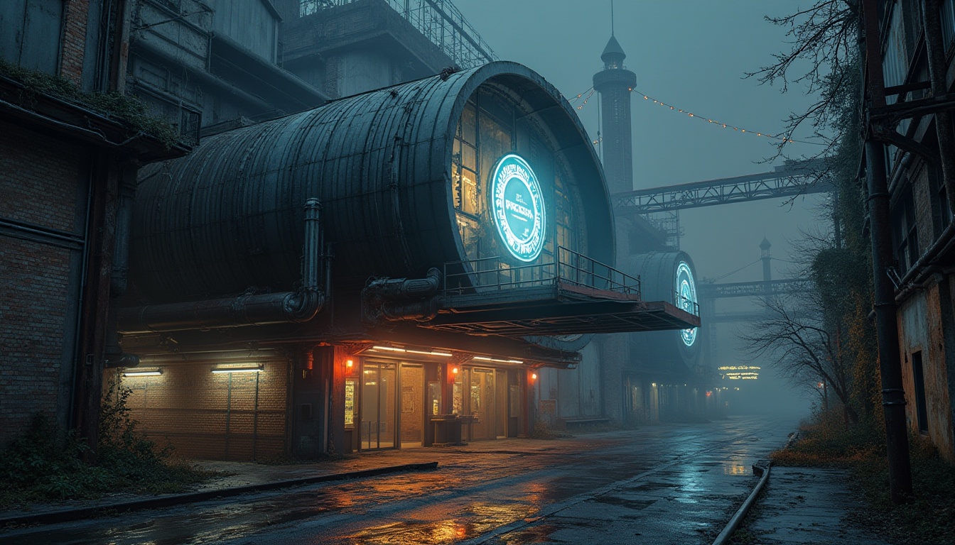 Prompt: Futuristic warehouse, innovative facade design, neon lights, metallic materials, geometric shapes, industrial pipes, rusty steel beams, cyberpunk atmosphere, abandoned factory, old brick walls, broken windows, overgrown with vines, cityscape background, night scene, misty fog, dramatic lighting, cinematic composition, 3/4 view, low-angle shot, atmospheric perspective.