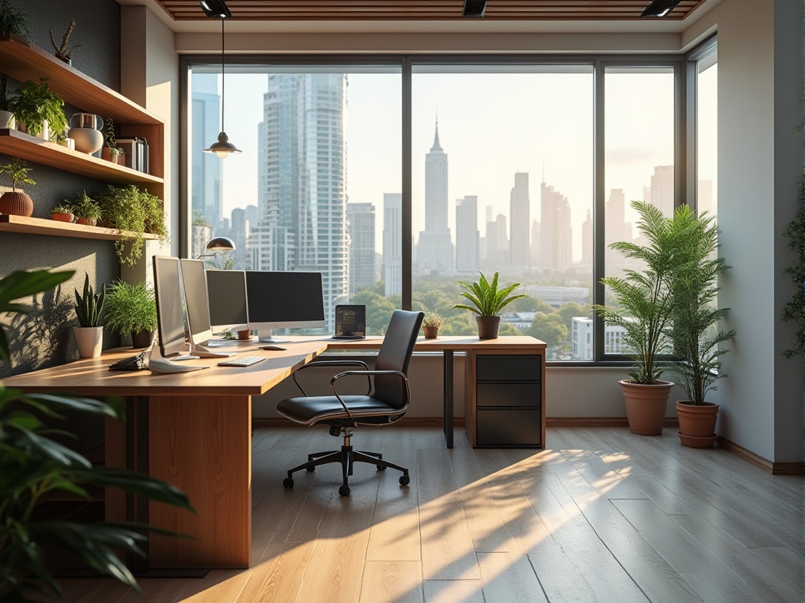 Prompt: Modern minimalist office space, functional layout, maximizing workflow, sleek wooden desk, ergonomic chair, multiple monitors, keyboard, mouse, organized cable management, plants on shelves, large windows, natural light, cityscape view, skyscraper background, afternoon sunlight, soft shadows, 3/4 composition, depth of field, realistic rendering, ambient Occlusion.