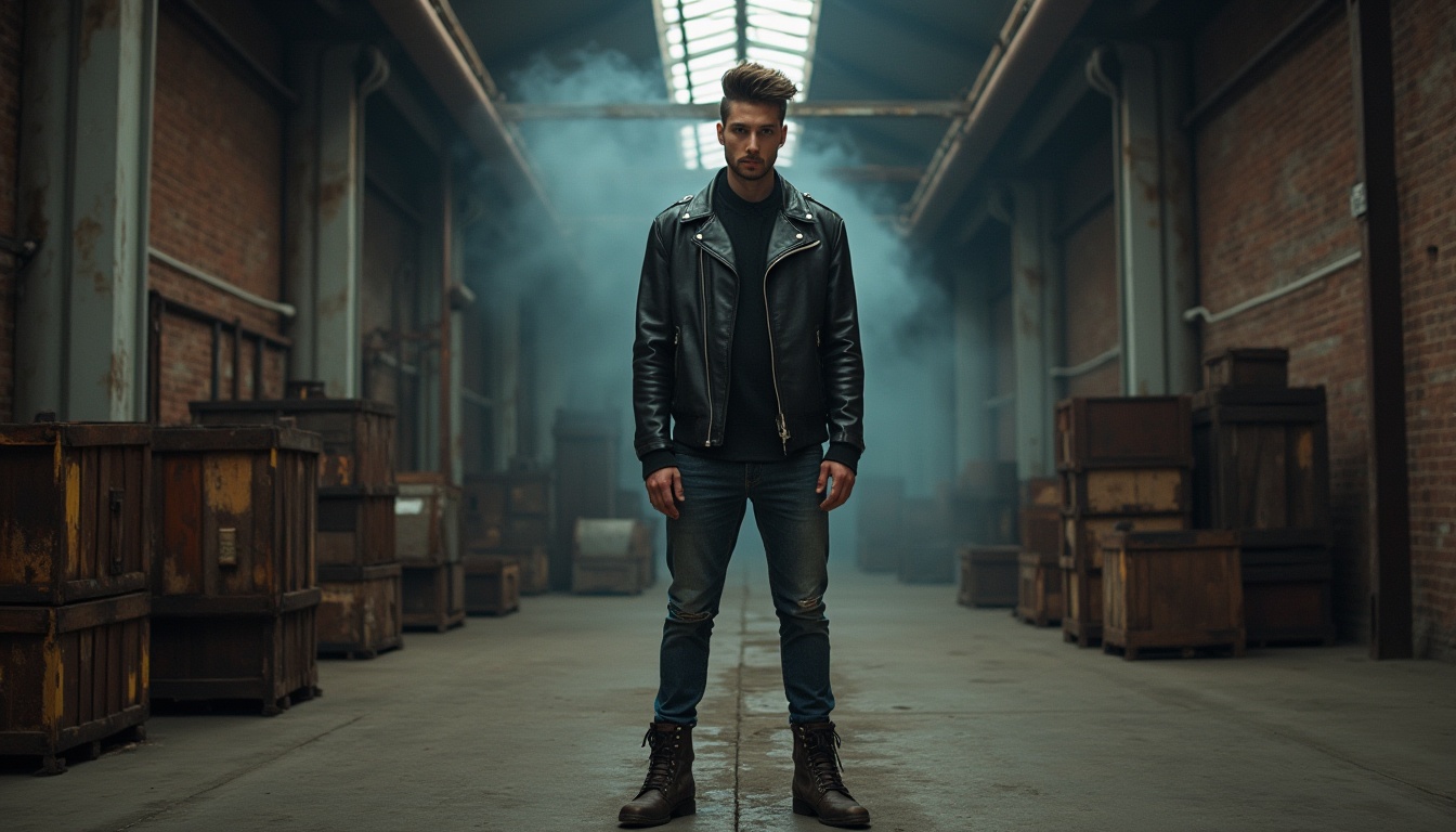 Prompt: Industrial chic, modern urban setting, abandoned factory, brick walls, metal beams, concrete floor, exposed pipes, dim lighting, rusty machinery, old wooden crates, distressed textures, worn-out leather jacket, ripped denim jeans, heavy boots, bold hairstyle, intense gaze, strong facial features, atmospheric smoke effect, cinematic composition, low-key lighting, high contrast, gritty realism.