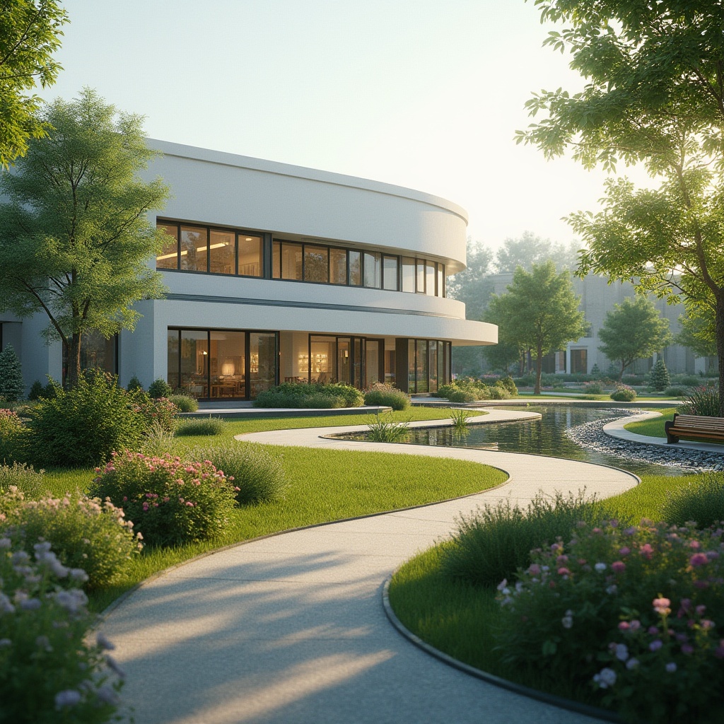 Prompt: Suburban clinic, modern architecture, white walls, large windows, greenery surroundings, lush lawn, various shrubs, colorful flowers, curved pathways, wooden benches, small pond, water feature, natural stones, pebbles, gentle slope, subtle outdoor lighting, warm afternoon sun, soft shadows, peaceful ambiance, serene atmosphere, depth of field, realistic rendering, cinematic composition.