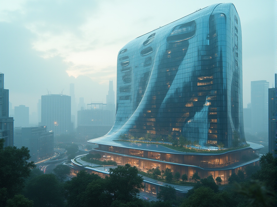 Prompt: Futuristic building, sustainable materials, eco-friendly, modern skyscraper, gleaming metallic façade, iridescent glass, solar panels, green roofs, wind turbines, sleek curves, neon lights, cityscape, urban jungle, misty morning, low-angle shot, cinematic composition, 3/4 view, atmospheric perspective.