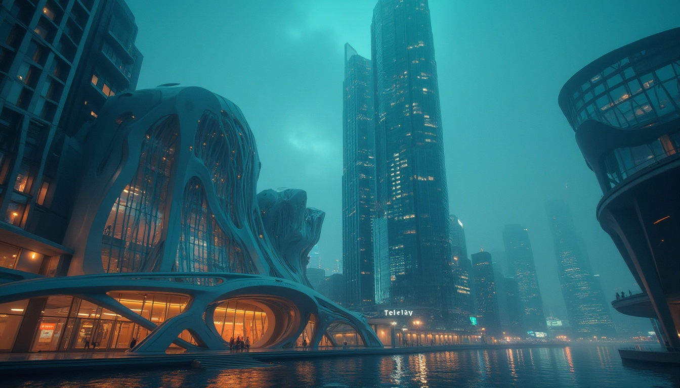 Prompt: Futuristic skyscraper, sustainable materials, eco-friendly, green architecture, curved lines, metallic exterior, LED lights, neon glow, cityscape, metropolitan, urban jungle, night scene, atmospheric fog, misty ambiance, panoramic view, low-angle shot, cinematic composition, vibrant colors, reflective surfaces, gleaming details, angular shapes, modernist style, minimalist interior, open spaces, natural light, airiness, simplicity, elegance.