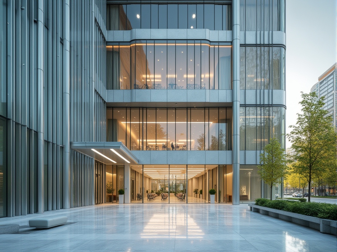 Prompt: Modern hospital, innovative facade design, streamline architecture, futuristic, glass curtain wall, silver aluminum frame, LED lighting strips, vertical green walls, minimalist entrance, automatic sliding doors, wheelchair accessible ramp, spacious lobby, high ceiling, marble floor, stainless steel handrail, sleek benches, ambient lighting, 3/4 composition, shallow depth of field, urban cityscape background, morning sunlight.