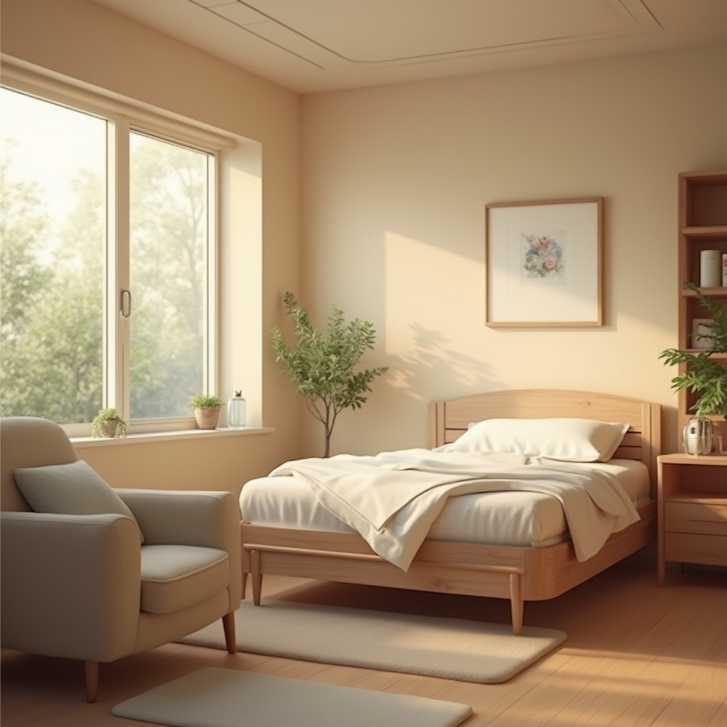 Prompt: Cozy hospital room, warm beige walls, comfortable patient bed, white pillows, soft blankets, wooden nightstand, gentle indirect lighting, calming pastel colors, peaceful atmosphere, serene plants, rounded corners, minimal decor, spacious layout, comfortable seating area, natural wood accents, soothing artwork, warm rug, calm sound effects, shallow depth of field, realistic textures, 3/4 composition, cinematic mood, morning sunlight filtering through window.