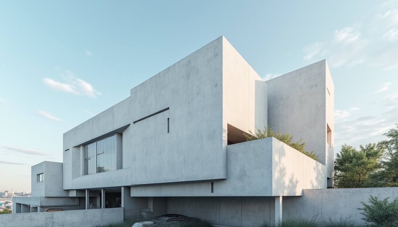 Prompt: Fiber-cement structure, modern architecture, building facade, urban setting, sunny day, clear blue sky, white fiber-cement panels, smooth surface, angular shape, geometric pattern, sleek design, minimalist style, brutalist influence, industrial texture, rough concrete foundation, steel beam support, greenery on rooftop, cityscape in background, high-angle shot, dramatic lighting, contrasting shadows.