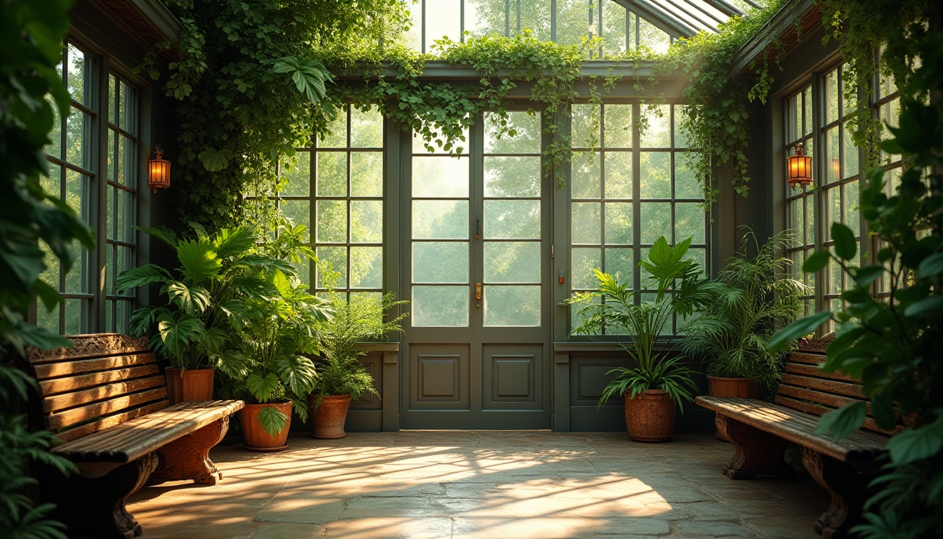 Prompt: Natural ambiance, lush greenhouse interior, abundant tropical plants, vines crawling up walls, large windows with minimal frames, allowing soft diffused natural light, gentle warm rays filtering through leafy greens, subtle shadows on stone flooring, wooden benches with ornate carvings, wicker baskets, earthy tones, serene atmosphere, 3/4 composition, shallow depth of field, filmic grain, warm color palette.