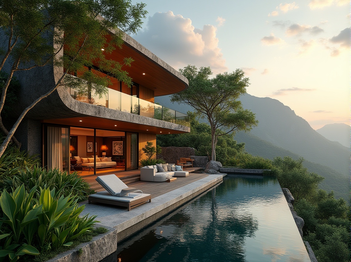 Prompt: Modern villa, harmonious integration, blending architecture with nature, luxurious exterior, curved lines, large windows, sliding glass doors, lush greenery, overhanging trees, natural stone walls, wooden accents, outdoor seating area, infinity pool, surrounded by tropical plants, misty mountains in the background, warm sunset lighting, soft focus, cinematic composition, 3/4 view, depth of field.