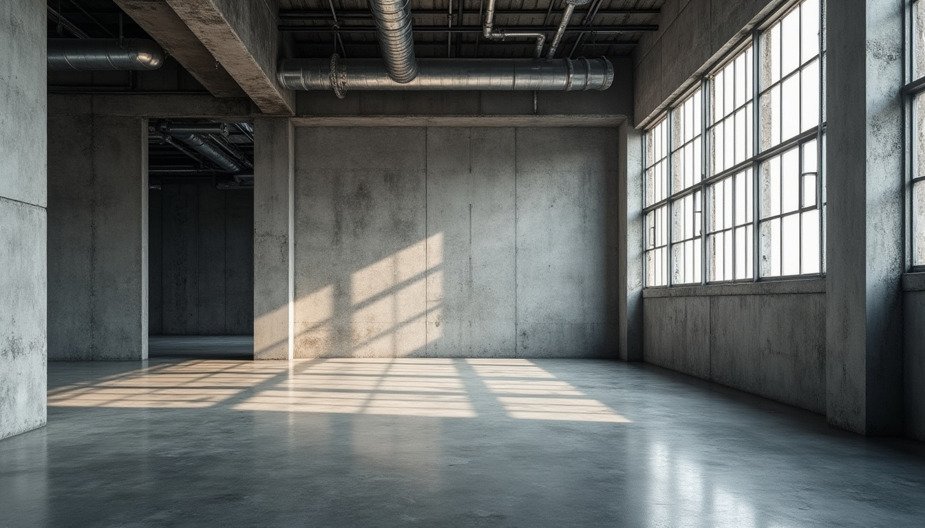 Prompt: Industrial chic, urban landscape, modern architecture, concrete building, rough textured wall, exposed ductwork, metallic beams, industrial pipes, sleek lines, minimalist decor, monochromatic color scheme, natural light pouring in through large windows, low-angle shot, dramatic shadows, high-contrast lighting, architectural photography, brutalist style, abstract composition.