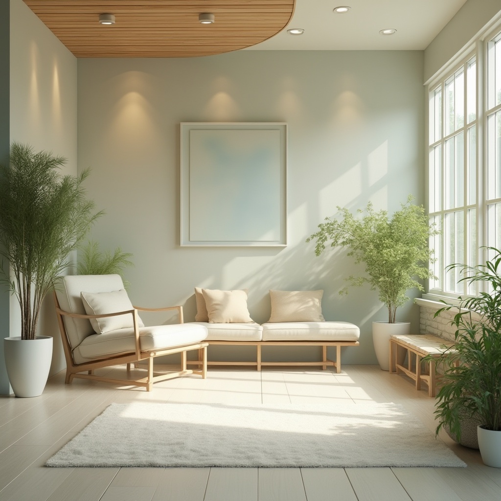 Prompt: Calming healthcare space, harmonious color palette, soft pastel shades, gentle curves, minimal ornaments, natural materials, wooden accents, earthy tones, creamy whites, soothing blues, pale greens, warm beiges, subtle textures, ambient lighting, indirect sunlight, comfortable seating areas, lush greenery, peaceful atmosphere, Scandinavian design, modern minimalist style, 3/4 composition, soft focus, warm color temperature, calming ambiance.