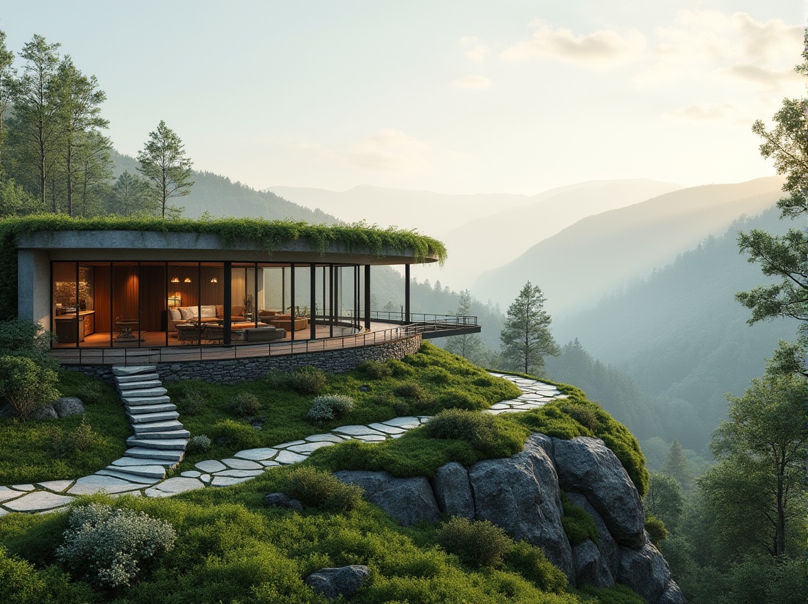 Prompt: Modern architecture, building integration with landscape, green roof, lush vegetation, natural stone walls, large windows, minimalist interior design, wooden accents, panoramic view, 3/4 composition, soft natural lighting, serene atmosphere, misty morning, gentle breeze, surrounding hills, distant mountains, few people walking in the distance, warm and cozy ambient light.