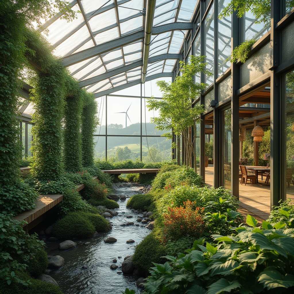 Prompt: Sustainable design, modern greenhouse architecture, eco-friendly materials, glass walls, steel frame structure, lush greenery, vines crawling up the walls, natural light pouring in, tropical plants, exotic flowers, misting system, automated irrigation, solar panels on roof, wind turbines nearby, rural setting, rolling hills, meandering stream, wooden bridge, minimalist interior design, reclaimed wood accents, living wall, water feature, natural stone flooring, abundant natural light, panoramic view, 3/4 composition, soft warm lighting.