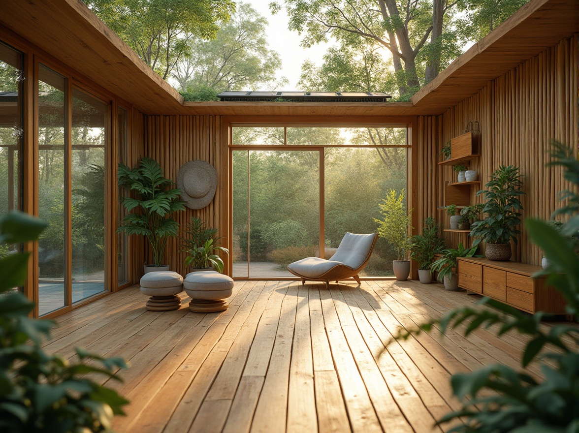 Prompt: Sustainable architecture, eco-friendly building, modern villa, green roof, solar panels, recyclable materials, bamboo walls, wooden floors, large windows, natural lighting, minimalist interior design, potted plants, living room, cozy atmosphere, warm tone, afternoon sun, soft focus, cinematic composition, shallow depth of field.