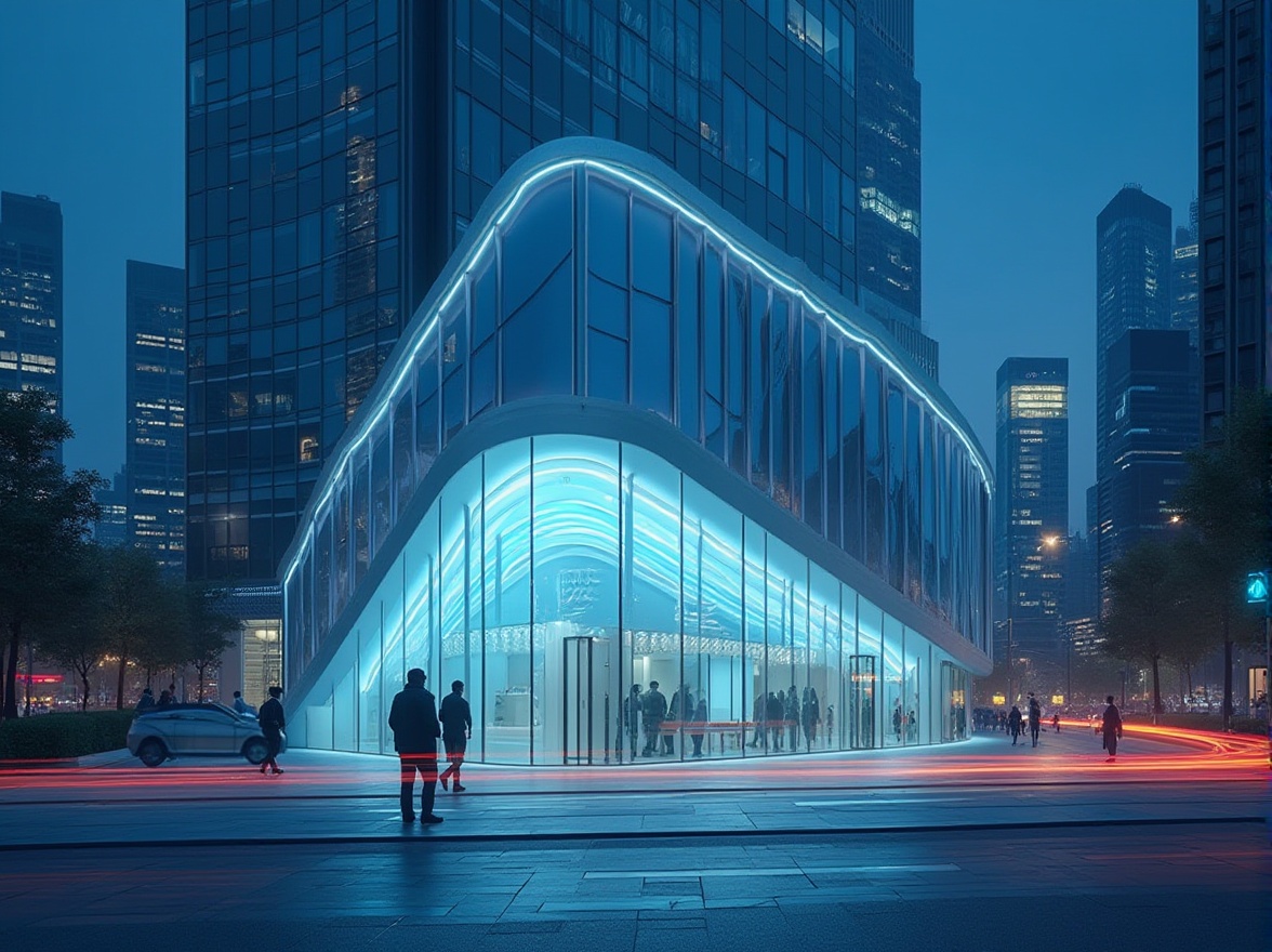 Prompt: Modern dental clinic, futuristic facade design, sleek silver metal frame, geometric glass panels, LED lights strip, gradient blue night lighting, urban cityscape, skyscraper background, busy street scene, 3/4 composition, shallow depth of field, architectural lines, minimalist style, high-tech atmosphere, soft box lighting, cinematic rendering.