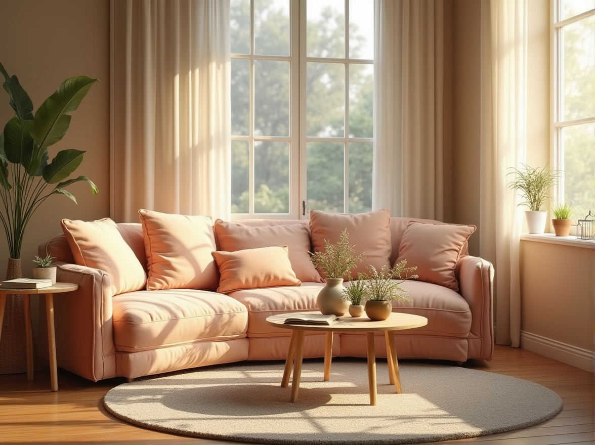 Prompt: Cozy living room, plush sofa with velvet upholstery, soft cushions in pastel shades, gentle wrinkles on fabric, warm beige walls, large windows with sheer curtains, natural light pouring in, a few potted plants on the coffee table, vase with fresh flowers, carpet with subtle texture, warm wooden flooring, comfortable reading nook, soft focus, intimate atmosphere, morning sunlight, peaceful ambiance.