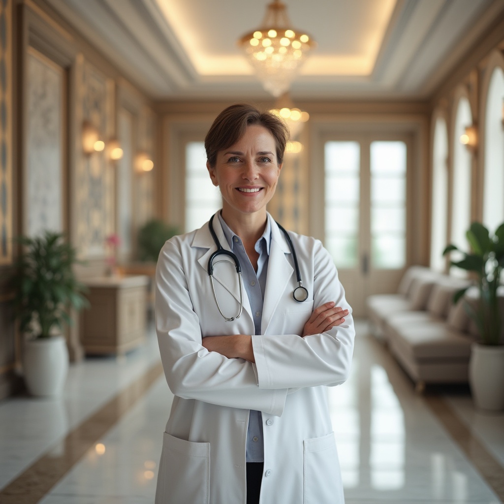 Prompt: Grand, modern hospital, ornate details, luxurious furniture, intricate patterns, high ceiling, crystal chandelier, marble floor, sleek lines, minimalist decor, warm lighting, comfortable atmosphere, mature lady doctor, 30s, kind smile, short hair, minimal makeup, white coat, stethoscope, gentle hands, soft focus, blurred background, shallow depth of field, natural light, airy feel, calming ambiance.