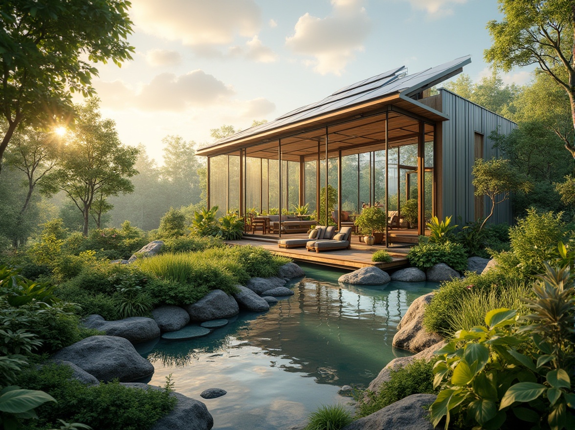 Prompt: Sustainable design, futuristic greenhouse, eco-friendly, solar panels, green roof, lush vegetation, natural materials, recycled wood, glass walls, steel frames, modern architecture, minimalism, simplicity, plenty of natural light, bright interior, airy atmosphere, 3/4 composition, panoramic view, overhead shot, warm lighting, afternoon sun, serene ambiance.