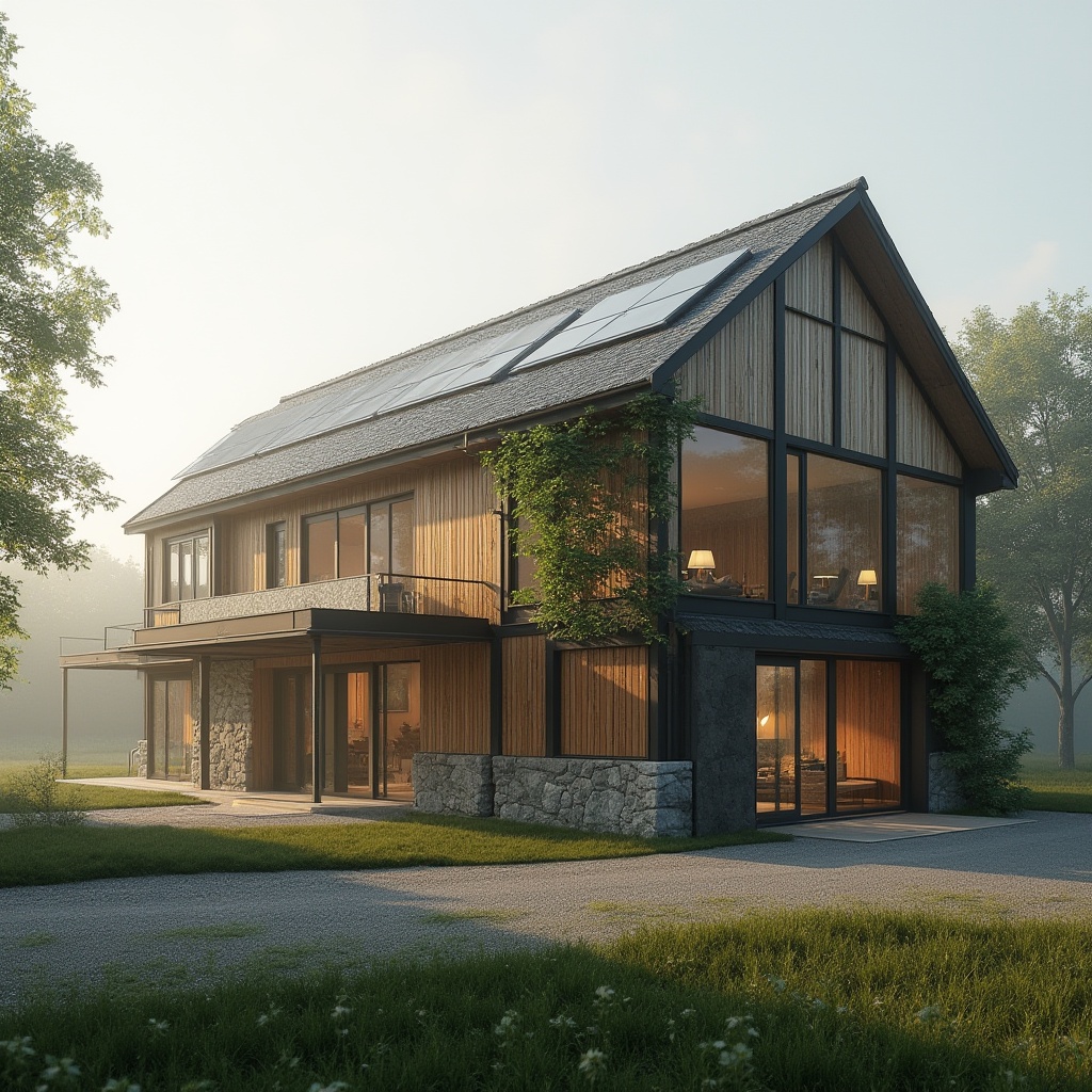 Prompt: Barn academic style, innovative facade design, modern rustic exterior, wooden paneling, steel frame structure, large glass windows, sliding doors, green roof, solar panels, climbing plants, stone foundation, country road, rural landscape, misty morning, soft natural light, warm color palette, detailed textures, 3/4 composition, atmospheric perspective.