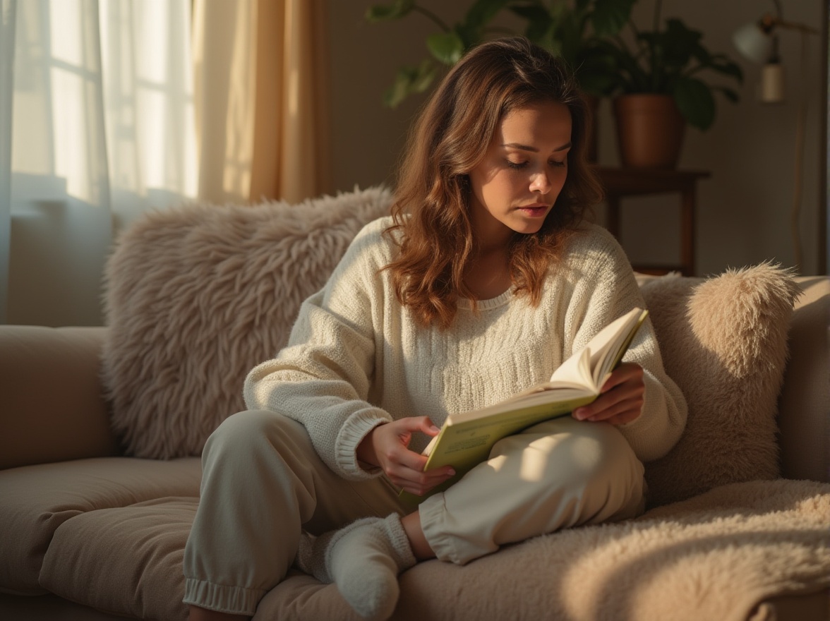 Prompt: Cozy living room, mature lady, 30s, relaxed posture, reading a book, soft facial expression, wavy brown hair, light makeup, casual wear, white sweater, beige pants, warm socks, comfortable slippers, holding a cup of coffee, wooden coffee table, velvet sofa, plush rug, floor lamp, soft lighting, afternoon sunbeam, subtle shadows, warm atmosphere, 3/4 composition, shallow depth of field.