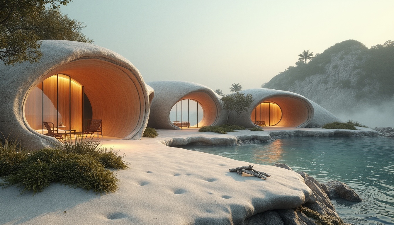 Prompt: Wavy coastal architecture, curved lines, natural materials, wooden accents, stone walls, shells-inspired details, ocean-view windows, beachside setting, sandy dunes, driftwood, seaweed-covered rocks, misty morning atmosphere, soft warm lighting, 3/4 composition, cinematic mood, environmental integration, sustainable design, futuristic yet organic feel.