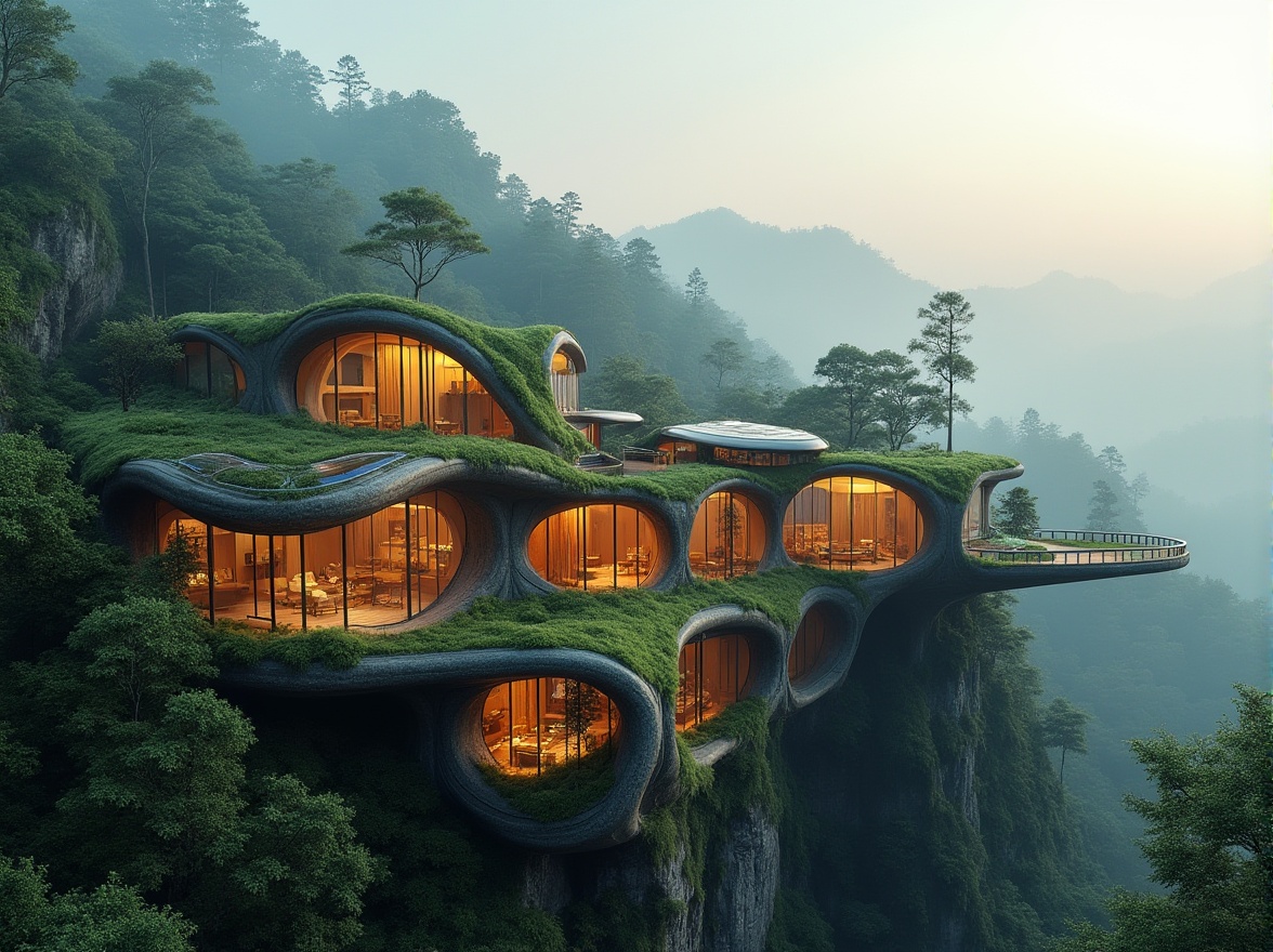 Prompt: Organic building, natural forms, flowing curves, wavy lines, biomimetic architecture, futuristic, sustainable design, green roof, solar panels, reclaimed wood, glass facade, undulating walls, cantilevered structures, dramatic lighting, warm ambient glow, misty atmosphere, forest surroundings, misty mountains in the distance, 3/4 composition, low-angle shot, cinematic mood.