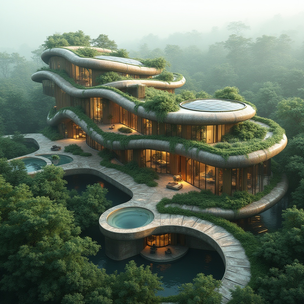 Prompt: Organic architecture, natural forms, undulating curves, wavy lines, biomimetic design, futuristic building, eco-friendly materials, green roof, solar panels, reclaimed wood, living walls, vines crawling up facade, intricate stone carvings, smooth glass surfaces, reflective pools of water, surrounding lush forest, misty atmosphere, soft morning light, 3/4 composition, cinematic depth of field.