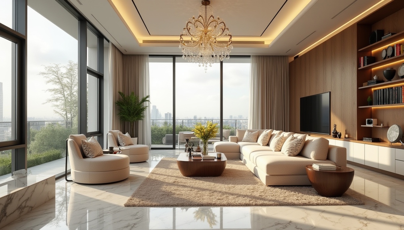 Prompt: Modern luxurious living room, high ceiling, large windows, minimalist chic furniture, marble flooring, cream-colored walls, elegant crystal chandelier, comfortable sectional sofa, pillows with geometric patterns, wooden coffee table, vase with fresh flowers, subtle ambient lighting, warm beige carpet, floor-to-ceiling bookshelf, greenery on the balcony, cityscape view.