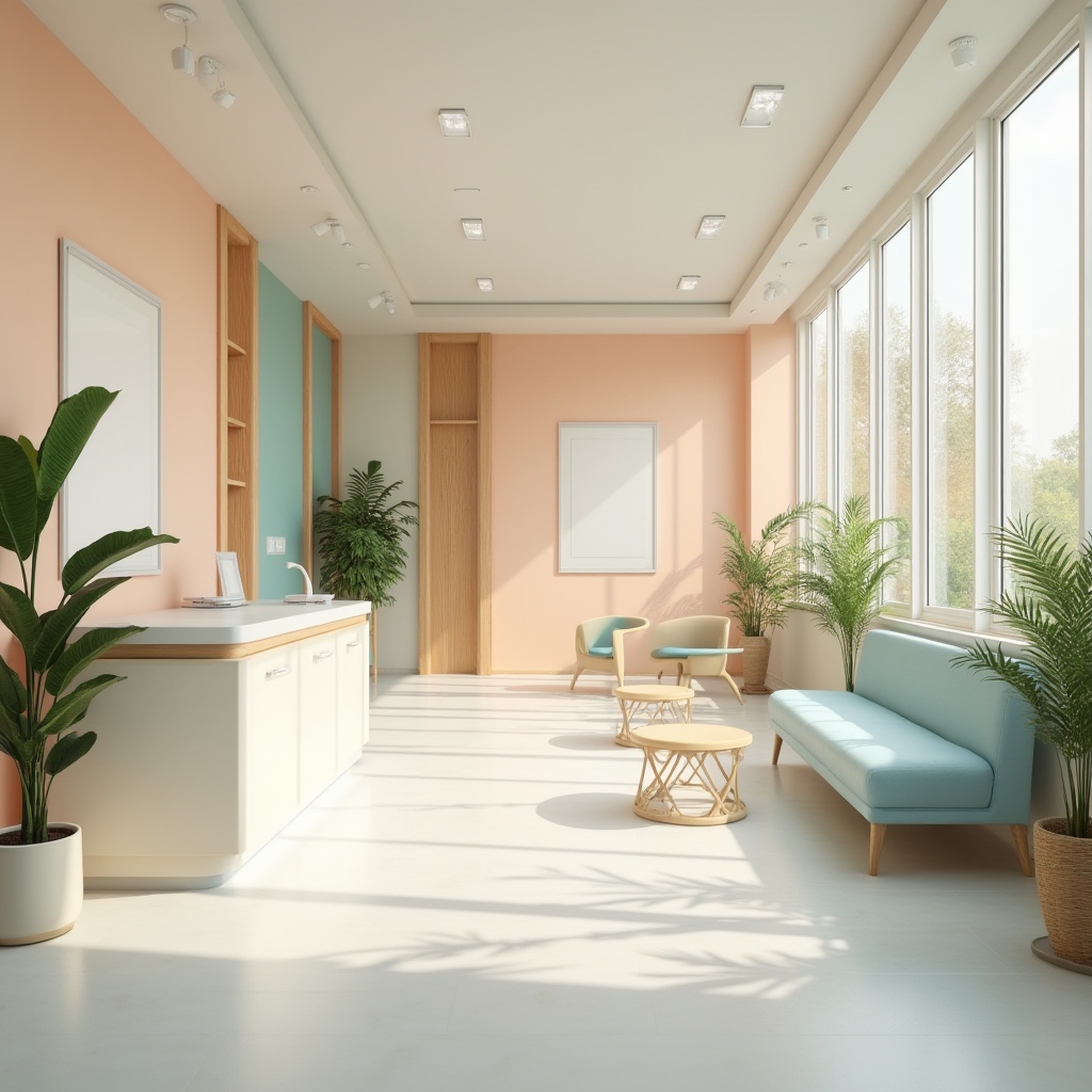 Prompt: Modern medical clinic, calm atmosphere, pastel color palette, soft peach walls, creamy white furniture, light blue accents, wooden decorations, plants with green leaves, large windows, natural light, 3/4 composition, shallow depth of field, realistic rendering, warm and inviting ambiance.