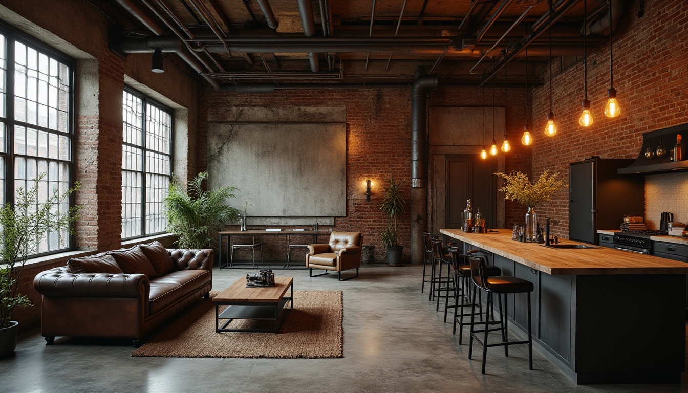 Prompt: Industrial chic interior, abandoned factory setting, rusty metal beams, exposed brick walls, concrete floors, minimal decor, reclaimed wood accents, steel pipes, Edison bulb lighting, industrial-style furniture, leather sofa, metal coffee table, distressed finishes, urban atmosphere, cinematic composition, high contrast lighting, dramatic shadows.