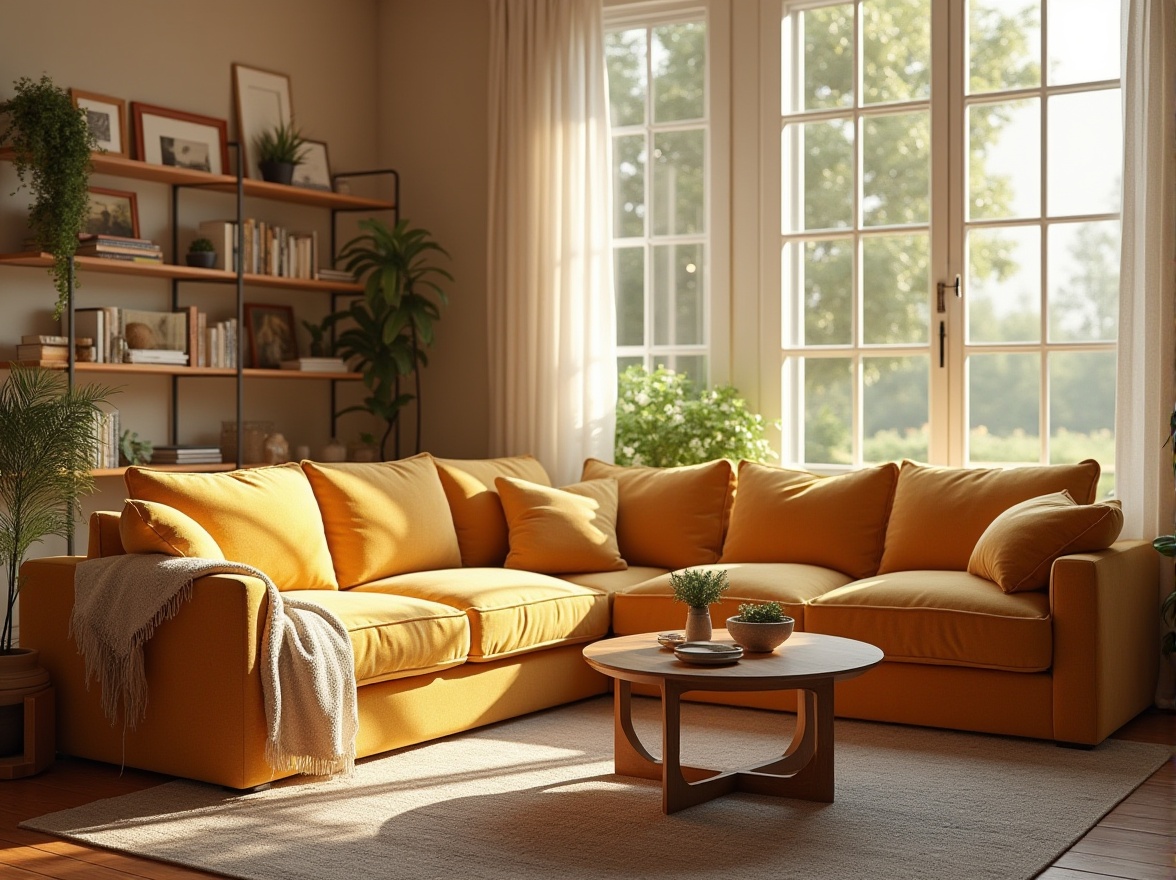 Prompt: Cozy living room, plush sectional sofa, velvet upholstery, golden throw pillows, soft cashmere blanket, wooden coffee table, modern floor lamp, warm beige walls, large windows with white curtains, greenery on the sill, afternoon sunlight, relaxed atmosphere, 3/4 composition, soft focus, warm lighting.