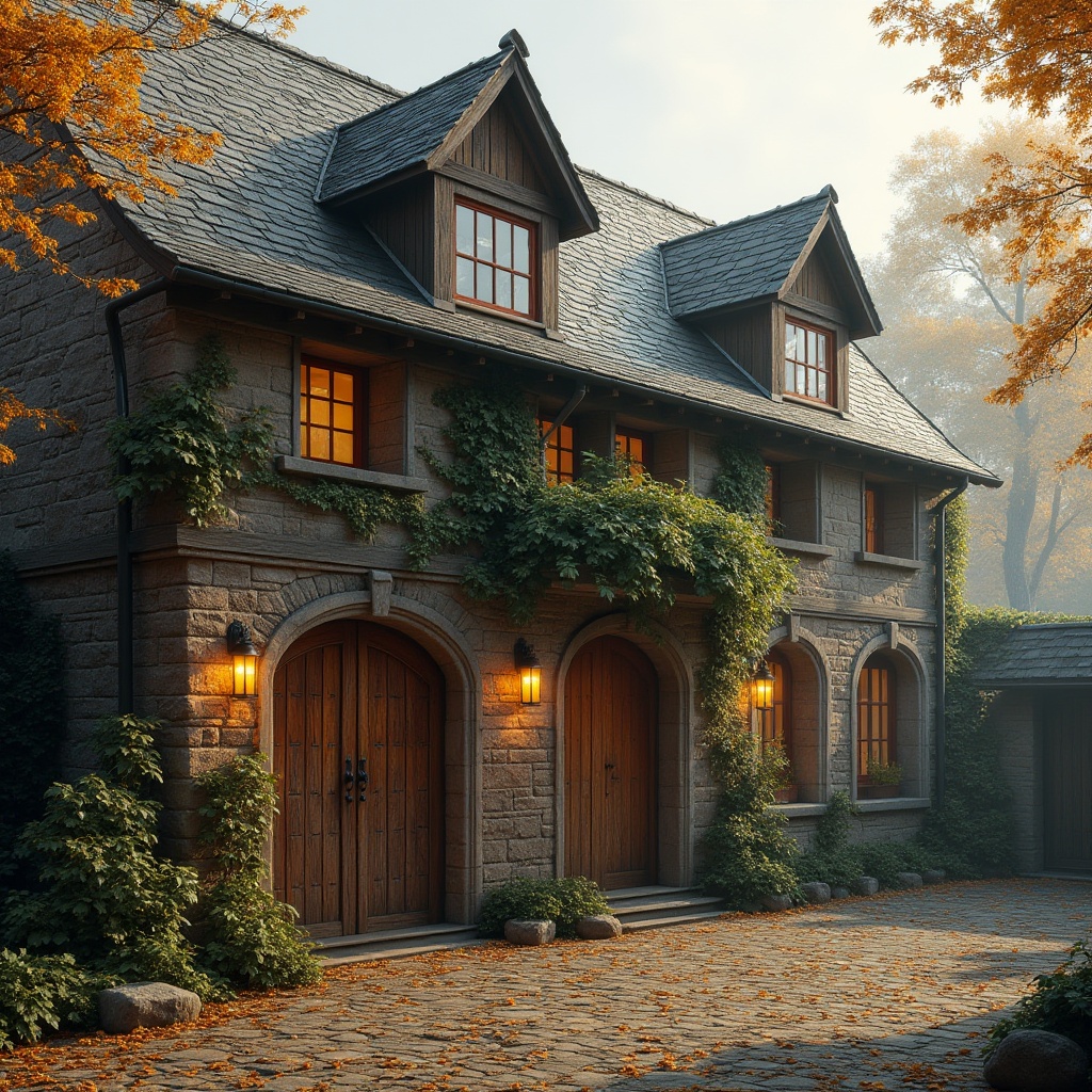 Prompt: Rustic barn, academic style architecture, brick facade, wooden doors, stone foundation, slate roof, dormer windows, chimney, ivy climbing walls, overgrown with vines, weathered wood texture, distressed metal details, lanterns, courtyard, autumn trees, fallen leaves, misty morning atmosphere, warm golden lighting, soft focus, 3/4 composition.