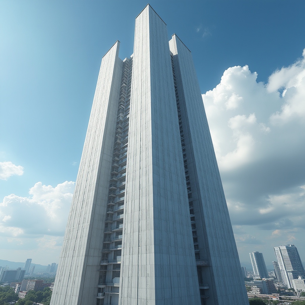 Prompt: Fiber-cement building, modern architecture, urban skyscraper, sleek lines, gray-white texture, intricate patterns, reinforced structure, high-rise, cityscape, blue sky, white clouds, dramatic lighting, 3/4 composition, close-up on fiber details, ambient occlusion, photorealistic rendering.