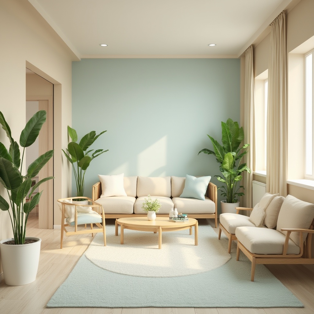 Prompt: Calming healthcare space, harmonious color palette, soft pastel shades, beige walls, light blue accents, warm wooden furniture, gentle cream curtains, natural texture carpets, lush green plants, soft box lighting, serene ambiance, 3/4 composition, shallow depth of field, calming atmosphere, realistic render, warm and inviting, subtle gradient effect.