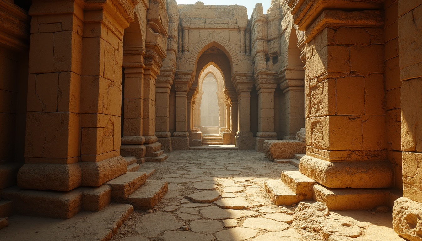 Prompt: Sand-casted elements, ancient ruins, weathered stone walls, intricate carvings, dusty earth tone, rough rock texture, metallic rust accents, ornate details, mysterious ambiance, golden hour lighting, dramatic shadows, 3/4 composition, wide-angle lens, cinematic mood, fantasy setting, abandoned temple, mystical atmosphere.