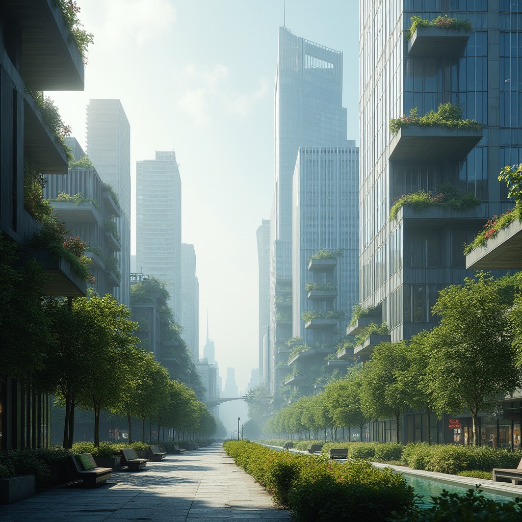 Prompt: Integration with Landscape Design, futuristic cityscape, skyscraper, modern architecture, sleek lines, metallic materials, reflective glass, urban jungle, green roofs, vertical gardens, vibrant street art, pedestrian walkway, benches, streetlamps, misty atmosphere, soft morning light, shallow depth of field, panoramic view, 3/4 composition.