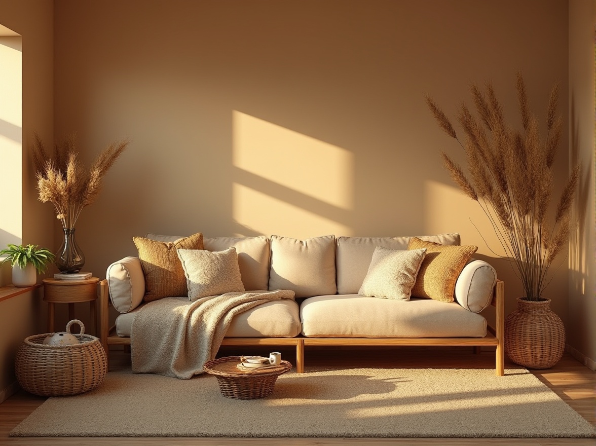 Prompt: Cozy atmosphere, wheat tones color palette, warm beige walls, rustic wooden furniture, soft golden lighting, plush carpet, comfortable couch, vintage decorative pillows, woven baskets, natural fibers, earthy scent, serene ambiance, peaceful composition, 3/4 camera angle, shallow depth of field, warm and inviting mood.