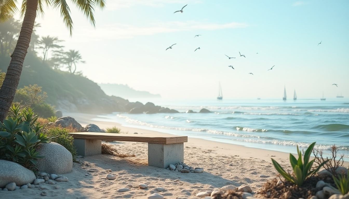 Prompt: Coastal minimalism landscape, serene beach atmosphere, low-lying succulents, pebbles, driftwood, weathered wooden planks, simple concrete bench, natural fiber ropes, soft ocean breeze, gentle waves crashing, seagulls flying overhead, distant sailboats, vast blue sky, warm sunlight, shallow depth of field, 3/4 composition, cinematic lighting, atmospheric haze.