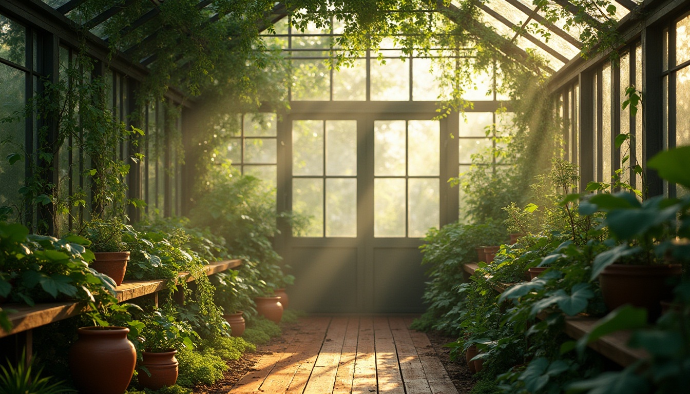 Prompt: Natural ambiance, greenhouse interior, lush green plants, vines crawling up walls, large windows, abundant sunlight, warm gentle rays, soft diffused lighting, dew droplets on leaves, misty atmosphere, serene composition, 3/4 view, wooden benches, terracotta pots, earthy tone, organic feel.