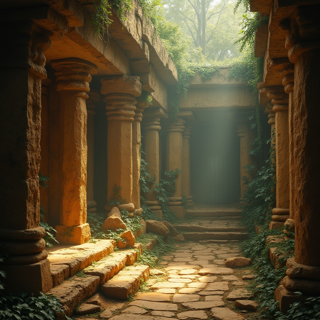 Prompt: Sand-casted elements, ancient ruins, weathered stone walls, intricate carvings, delicate patterns, rough rock textures, metallic accents, warm golden lighting, high contrast, cinematic composition, shallow depth of field, mysterious atmosphere, abandoned temple, jungle overgrowth, vines entwined, misty fog rolling in, soft focus, detailed normal maps.